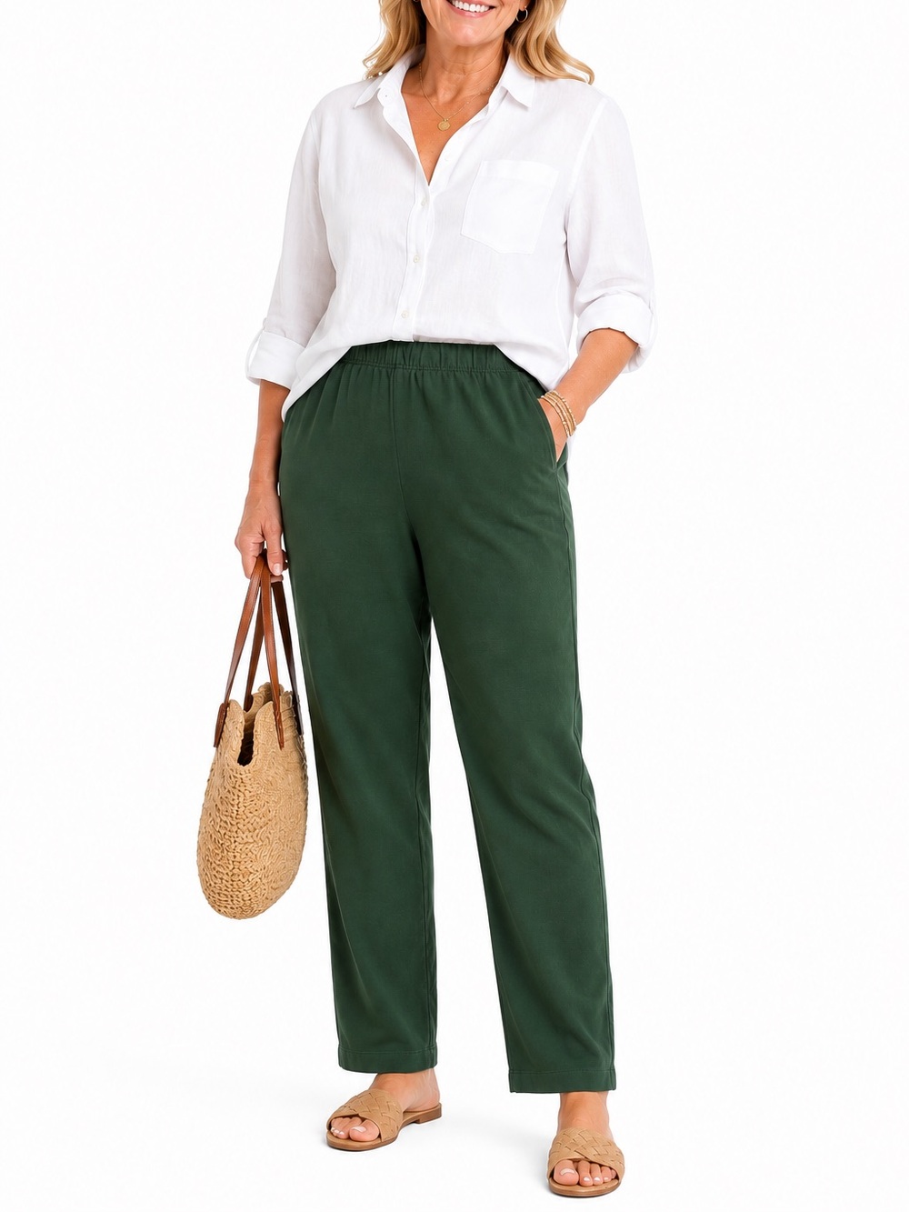 Lands’ End Women’s 1X Forest Green 100% Cotton Knit Pull-On Pants